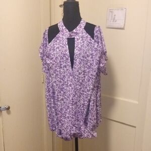 Lavender Floral Cold-Shoulder Tunic with Keyhole Neck